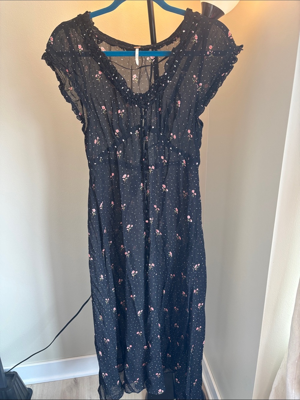 Free People Buttoned Sheer Black and Pink Floral Maxi Dress